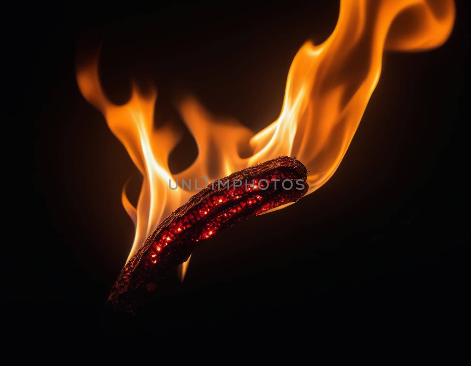 A close-up view of dynamic and intense flames in various shades of orange, yellow, and red, creating a contrast with the dark background and conveying a sense of heat and energy