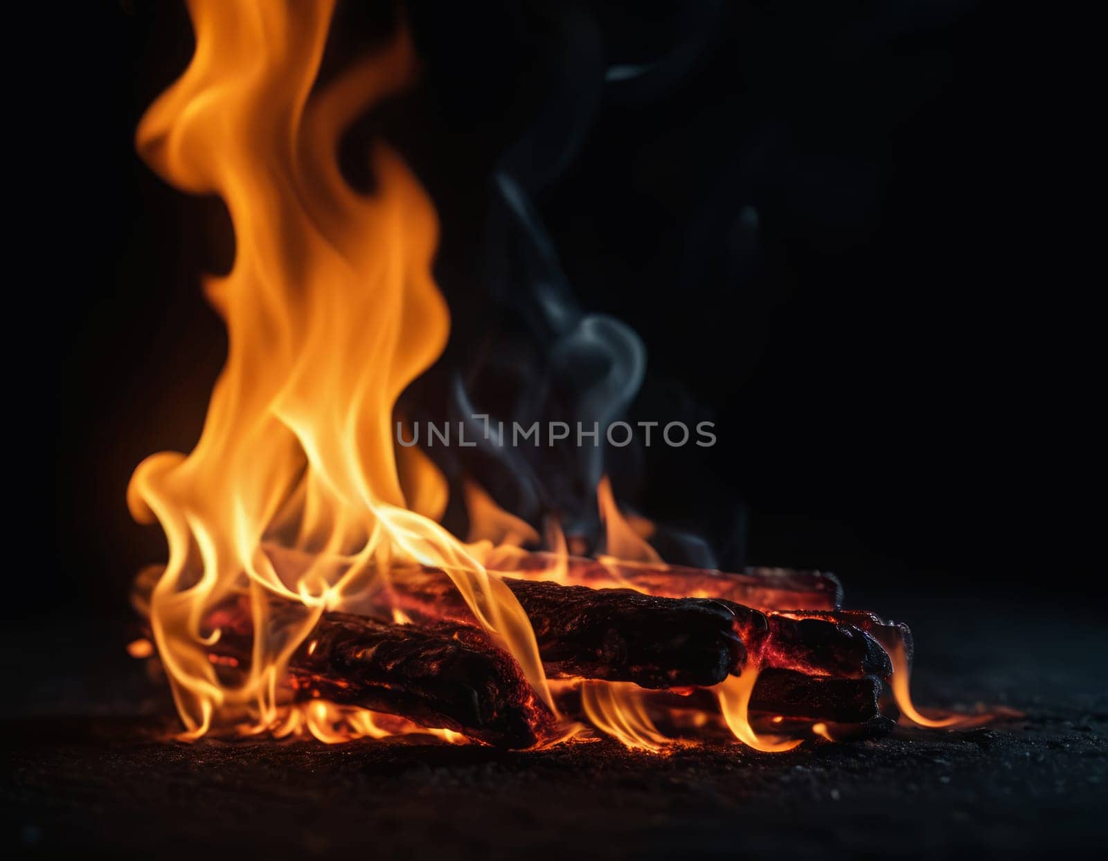 Bonfire with flames on a black background.