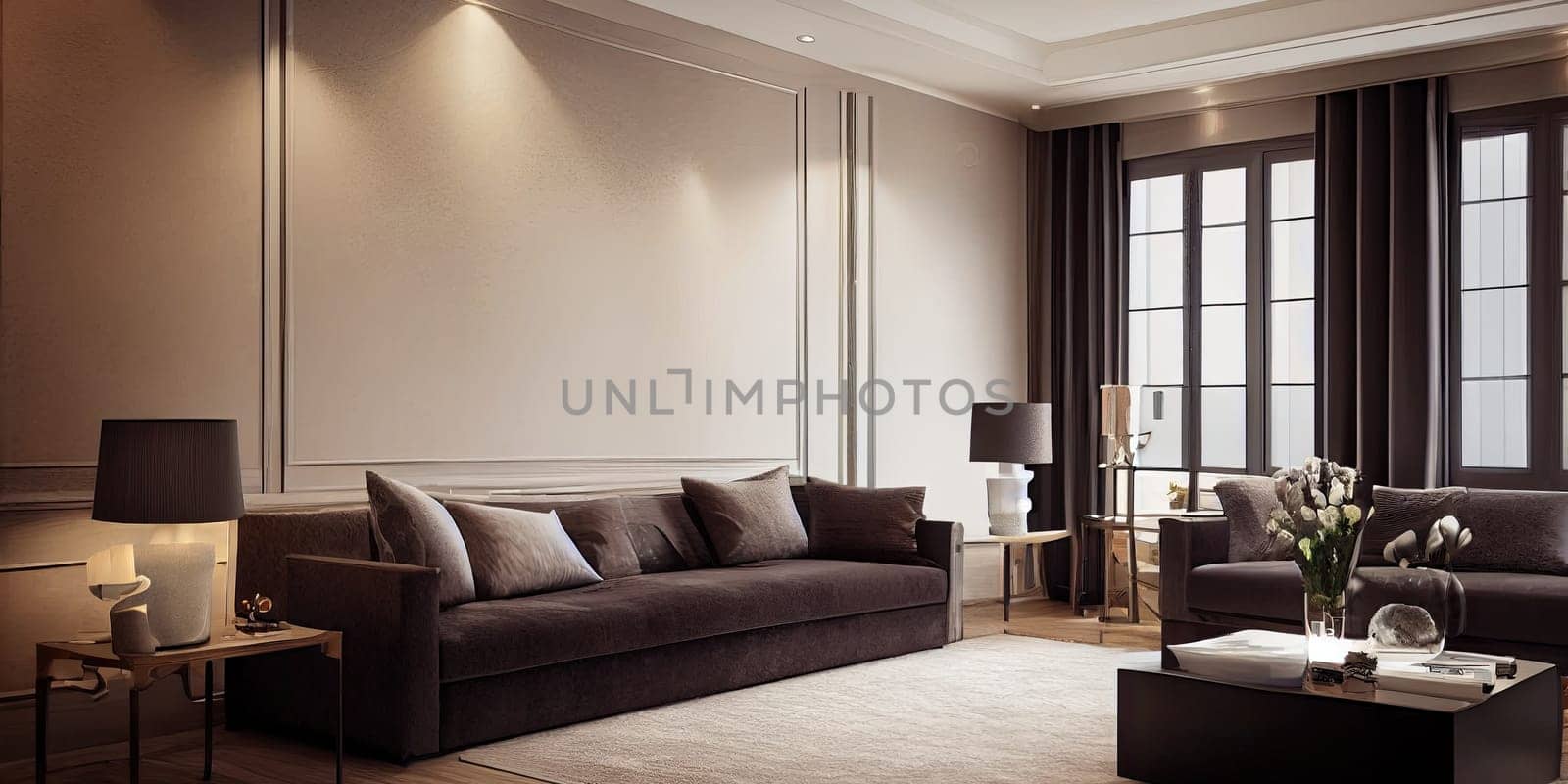 Large luxury modern elegant interiors Living room mockup. Modern style of furniture decoration. Generative AI illustration