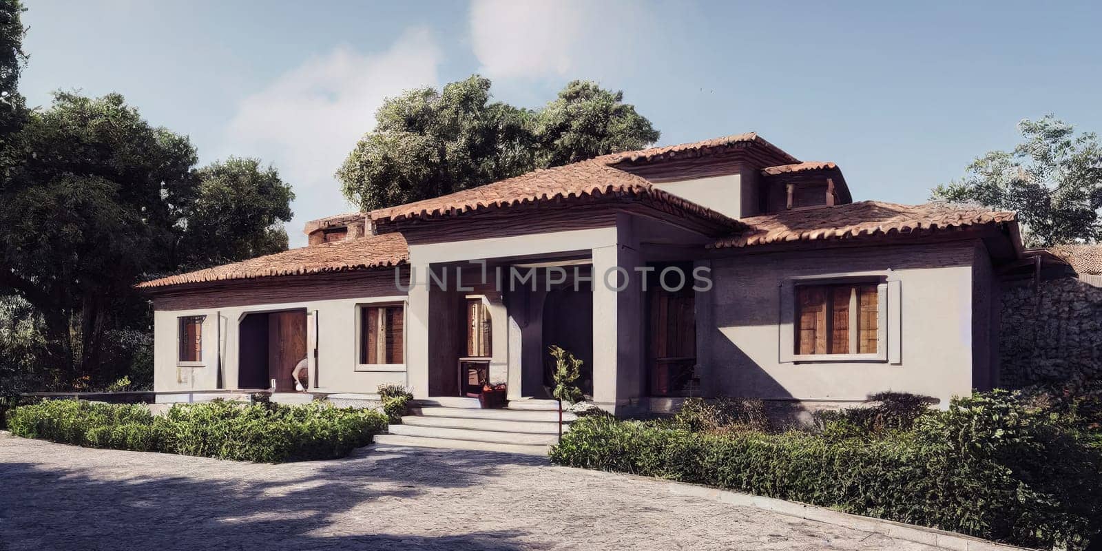 Front view of modern designed villa or residential house in tropical style, Generative AI illustration.