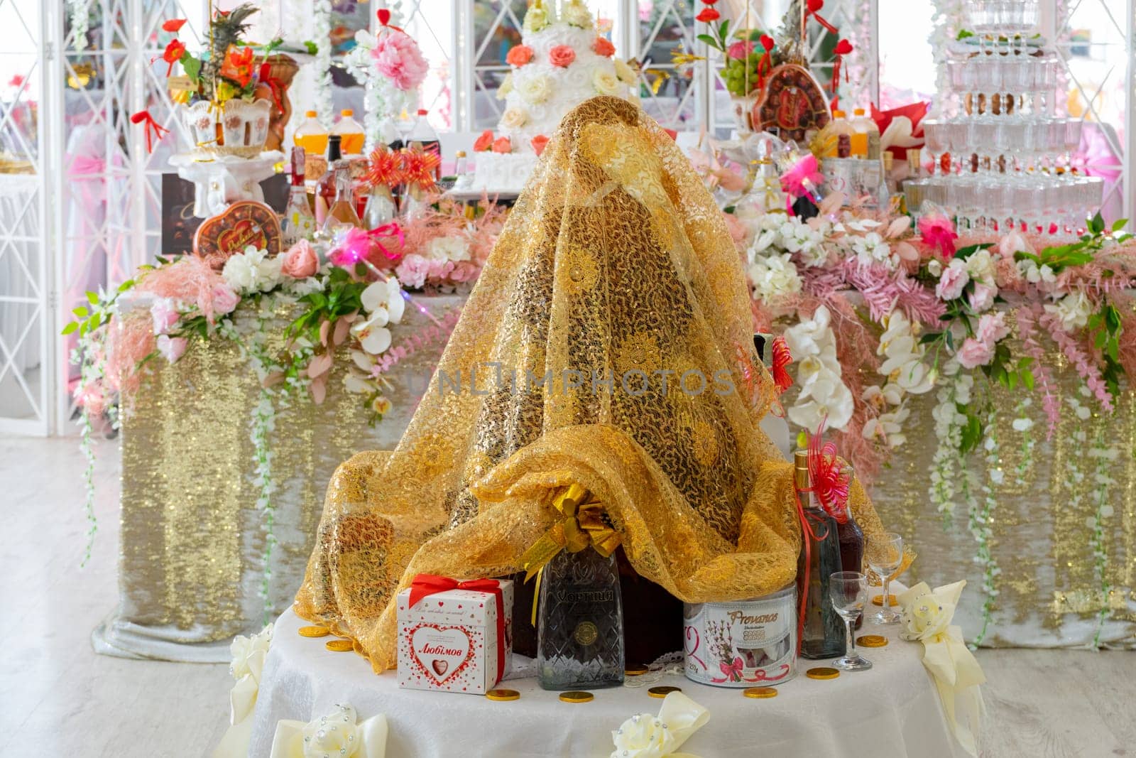 Traditional gifts at a gypsy wedding in Ukraine. Ukraine, Vinnytsia, August 10, 2021