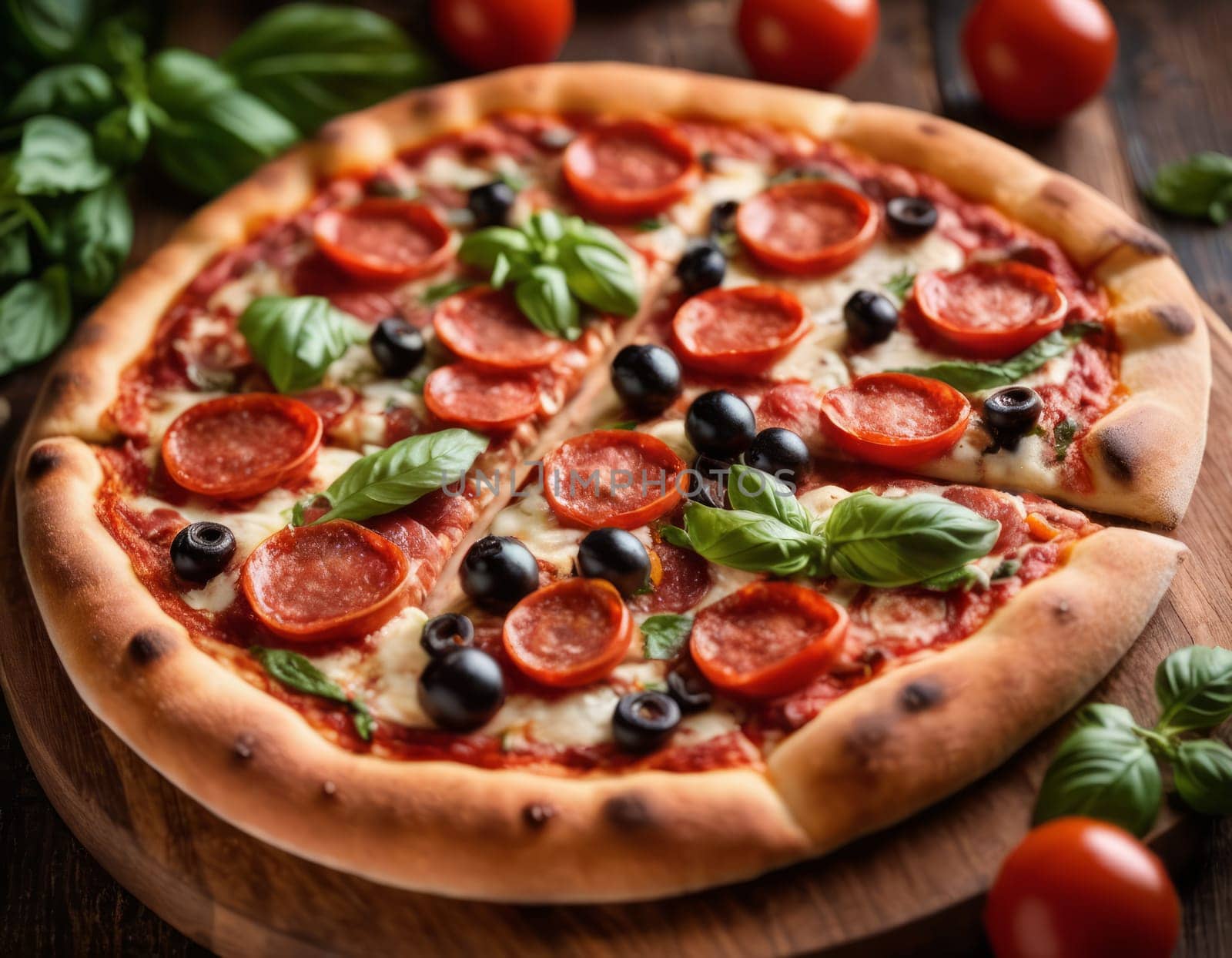 A mouth-watering image of a freshly baked pizza with a crispy crust, topped with melted cheese, pepperoni slices, black olives and fresh basil leaves, placed on a wooden surface