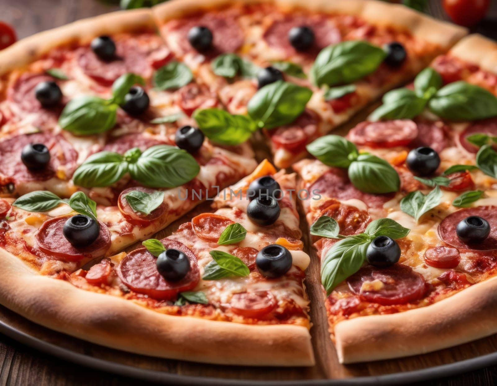 A mouth-watering image of a freshly baked pizza with a crispy crust, topped with melted cheese, pepperoni slices, black olives and fresh basil leaves, placed on a wooden surface