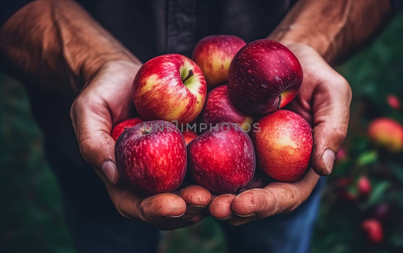 Embrace the essence of farming and natural goodness as senior hands lovingly hold red apples at home. A wholesome concept capturing the beauty of nature and fresh fruits.