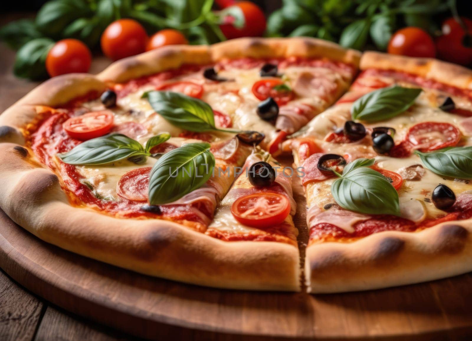 A warm and inviting image of a freshly baked pizza on a wooden board, with a fire in the background. The pizza is topped with cheese, tomatoes, olives and basil, and surrounded by whole tomatoes and a green bell pepper