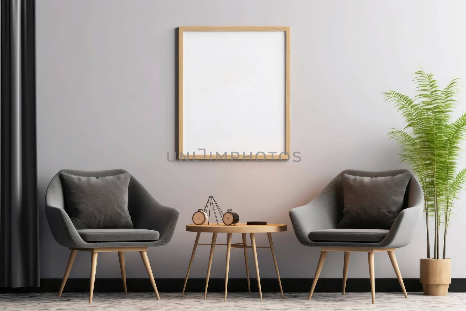 A stylish home interior showcasing two modern armchairs, a decorative table, plant, and a blank picture frame on a clean wall.