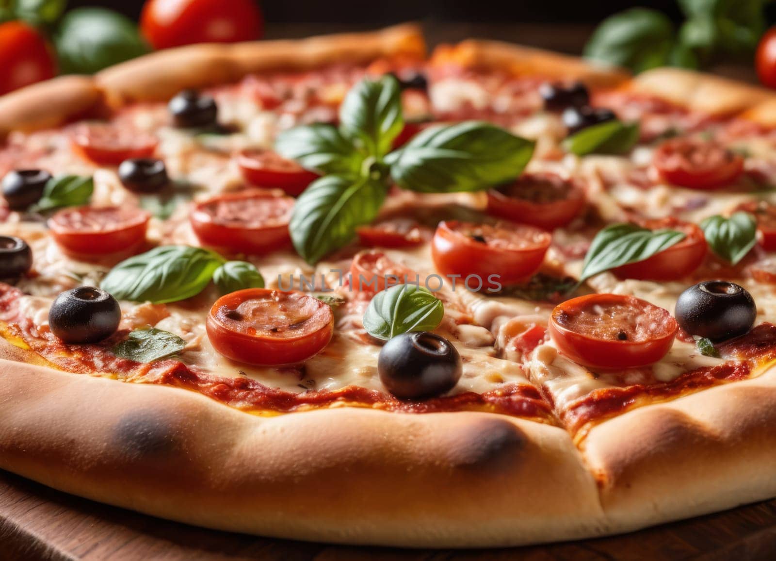 A warm and inviting image of a freshly baked pizza on a wooden board, with a fire in the background. The pizza is topped with cheese, tomatoes, olives and basil, and surrounded by whole tomatoes and a green bell pepper