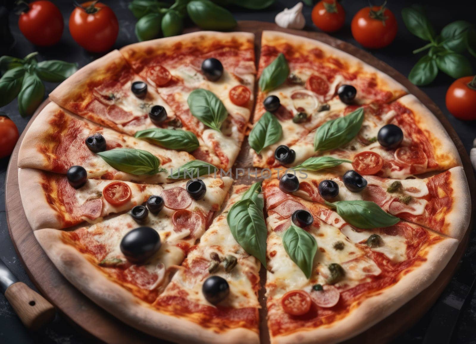 A warm and inviting image of a freshly baked pizza on a wooden board, with a fire in the background. The pizza is topped with cheese, tomatoes, olives and basil, and surrounded by whole tomatoes and a green bell pepper