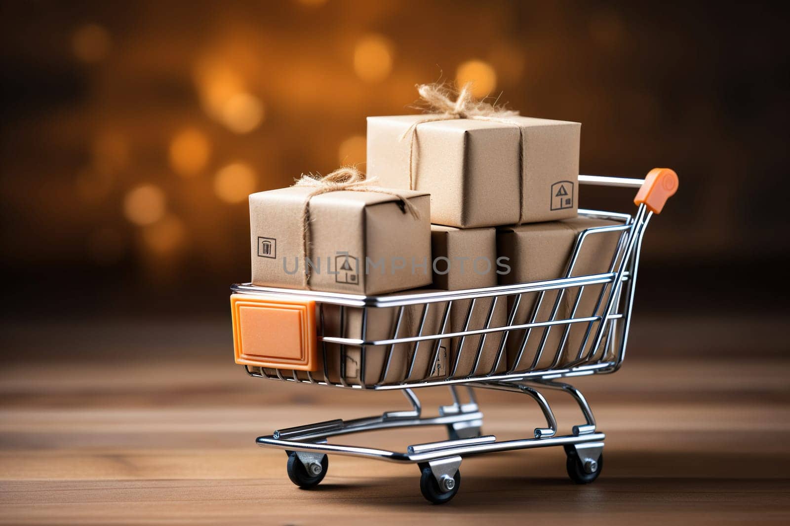 Cardboard boxes with gifts in a cart on wheels.