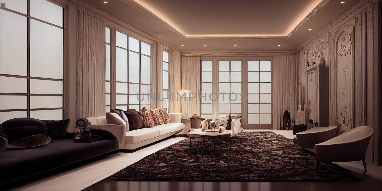 Large luxury modern elegant interiors Living room mockup. Modern style of furniture decoration. Generative AI illustration