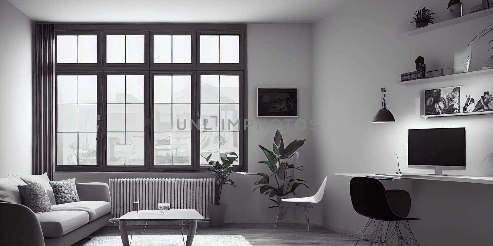 mock up poster frame in boho interior background, wooden living room design, Scandinavian style. Generative AI illustration.