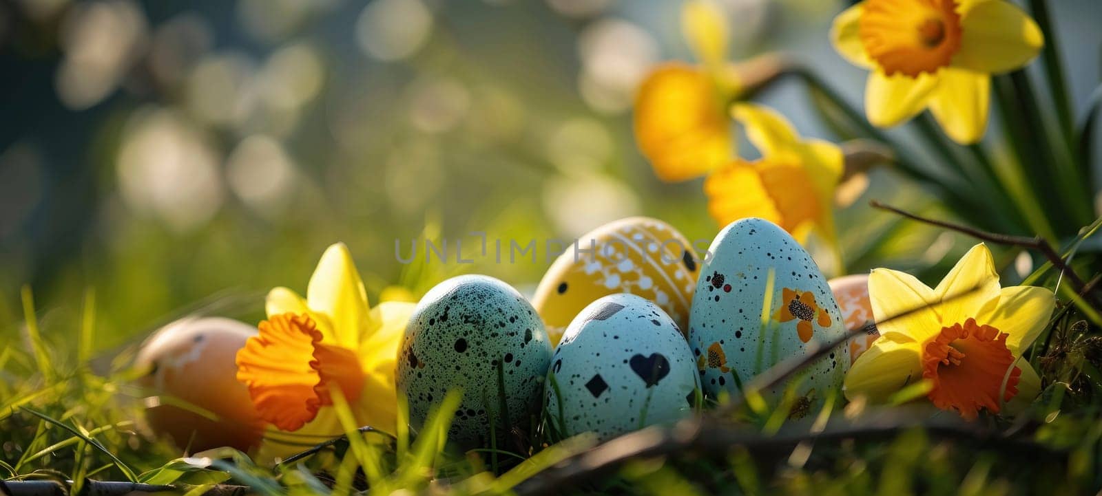 Colorful Easter eggs hidden in fresh, blooming daffodils signify the joy of springtime festivities.