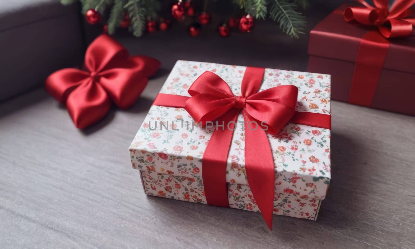 A beautifully wrapped gift adorned with a vibrant red bow sits elegantly against a backdrop of more presents and festive decorations. The scene captures the spirit of giving and the joy of the holiday season.