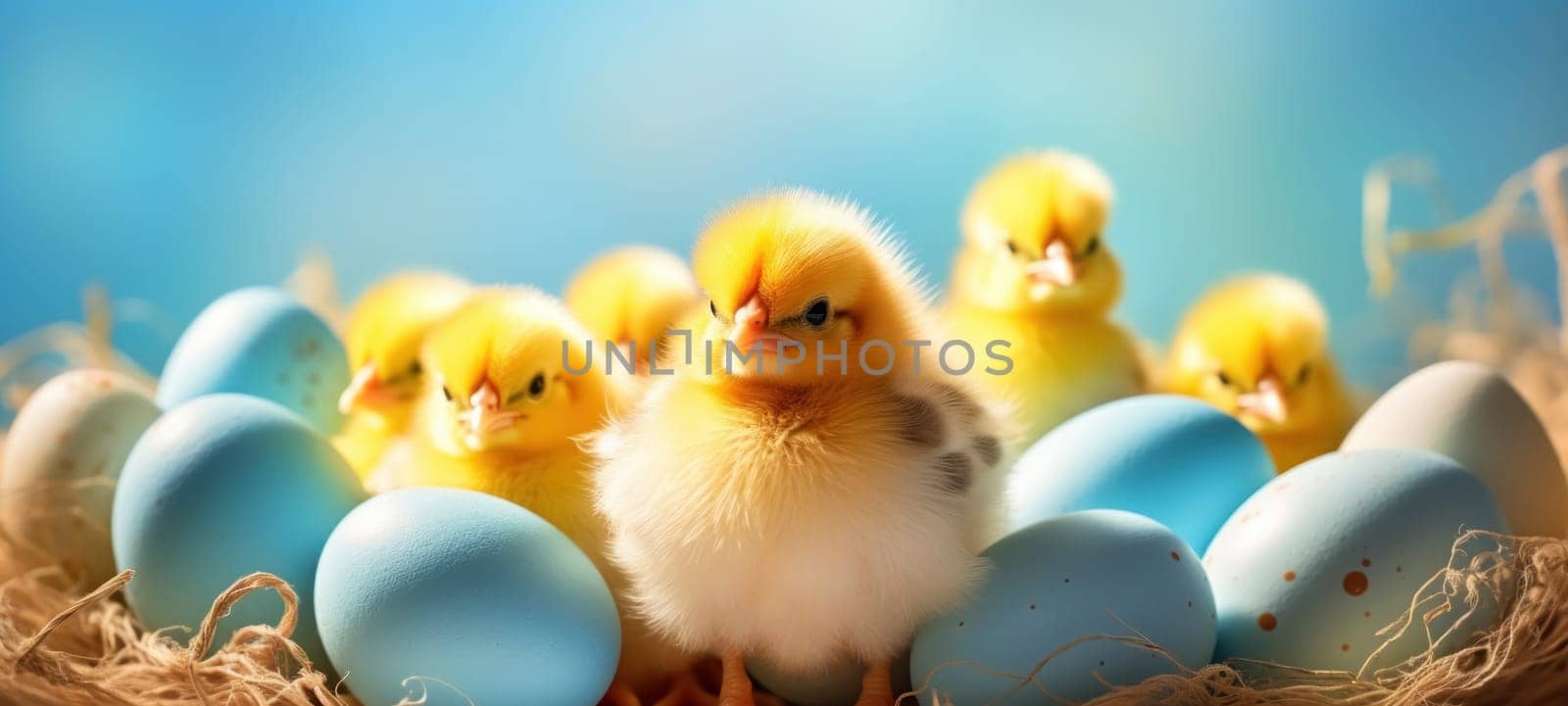 Fluffy chicks among pastel-colored Easter eggs