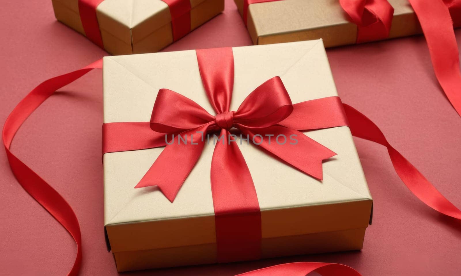 A beautifully wrapped gift adorned with a vibrant red bow sits elegantly against a backdrop of more presents and festive decorations. The scene captures the spirit of giving and the joy of the holiday season.