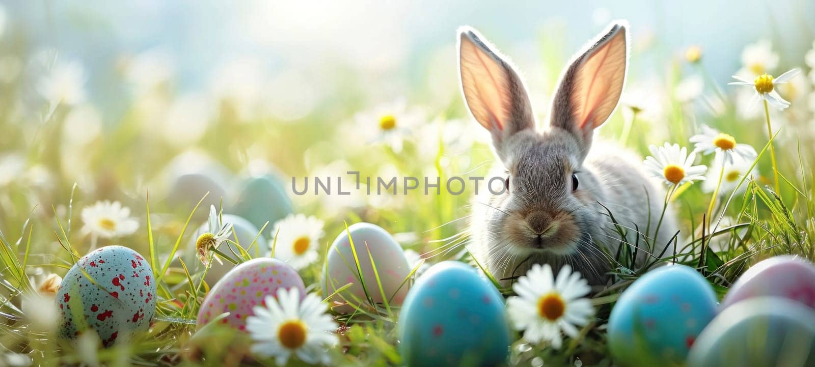 A young rabbit nestled in a meadow, surrounded by painted Easter eggs and spring flowers in the sunshine.