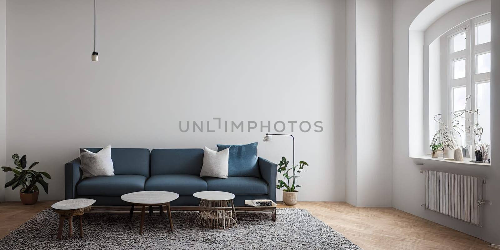 mock up poster frame in boho interior background, wooden living room design, Scandinavian style. Generative AI illustration.