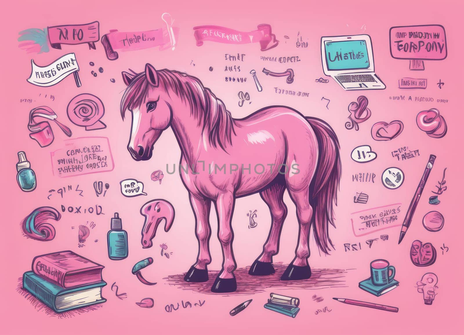 A whimsical and artistic image of a pink horse surrounded by various objects creating an eclectic and abstract theme. The image is set against a pink background that complements the color scheme of the illustration.