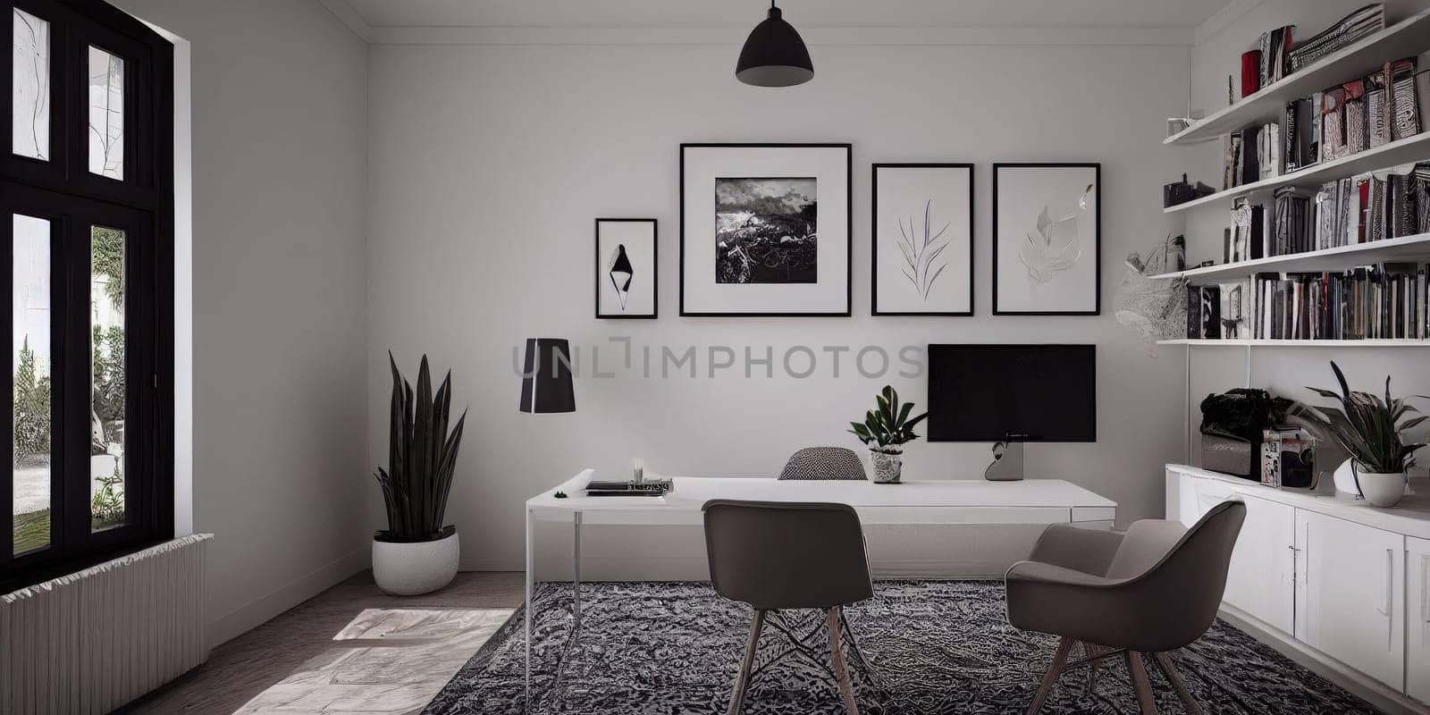 mock up poster frame in boho interior background, wooden living room design, Scandinavian style. Generative AI illustration.