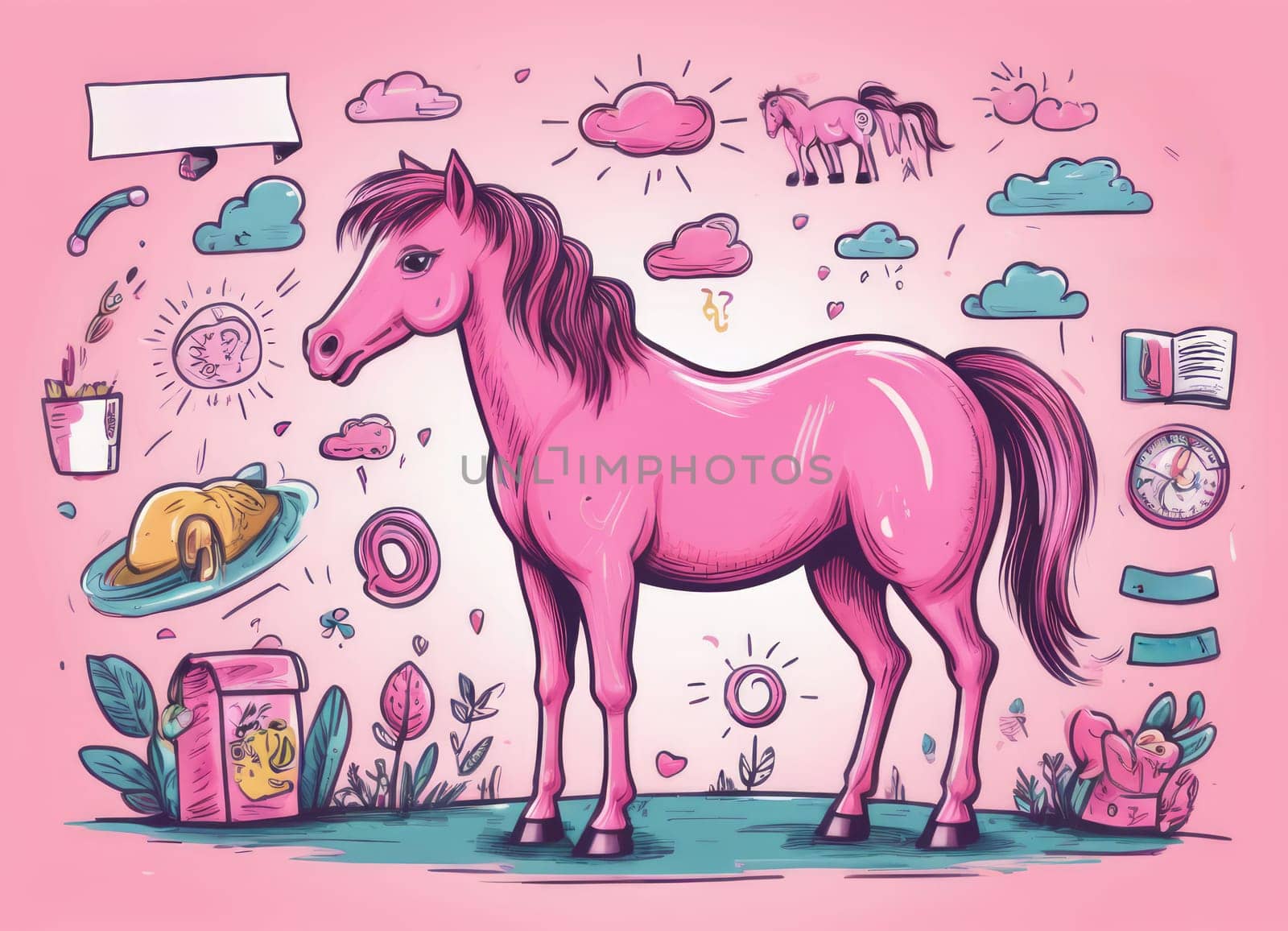 A whimsical and artistic image of a pink horse surrounded by various objects creating an eclectic and abstract theme. The image is set against a pink background that complements the color scheme of the illustration.