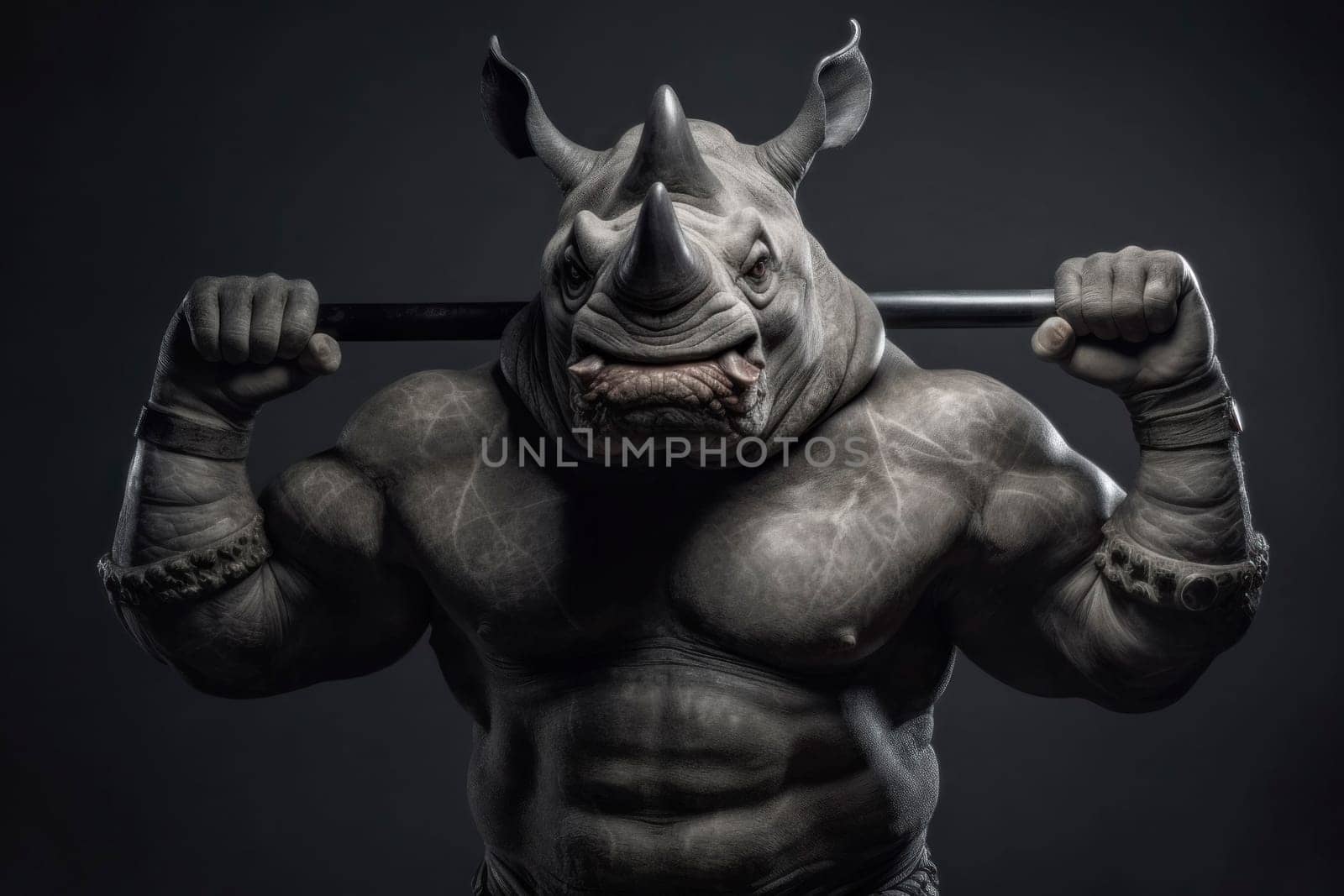 A powerful anthropomorphic rhinoceros character lifting a heavy barbell, exemplifying strength and determination.