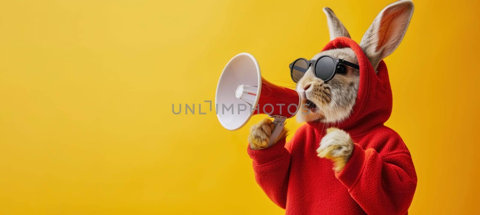 Rabbit in hoodie and sunglasses speaking into a megaphone