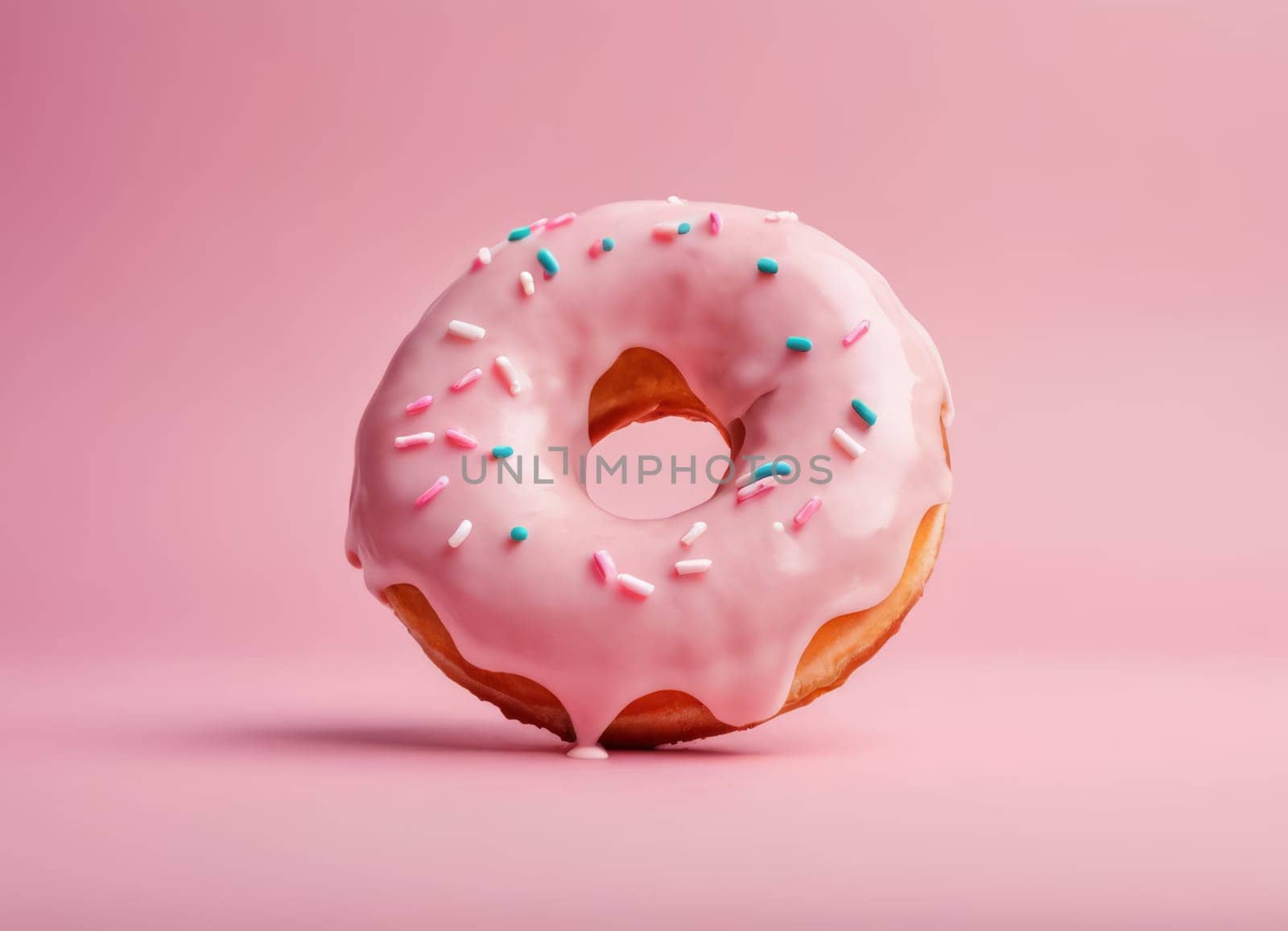 Donut with Pink Icing and Candies on Pink Background by Andre1ns