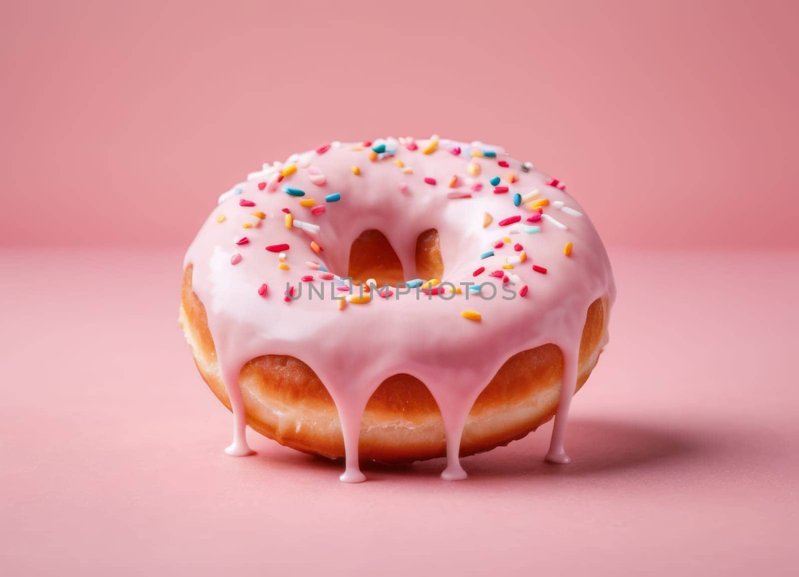 Donut with Pink Icing and Candies on Pink Background by Andre1ns