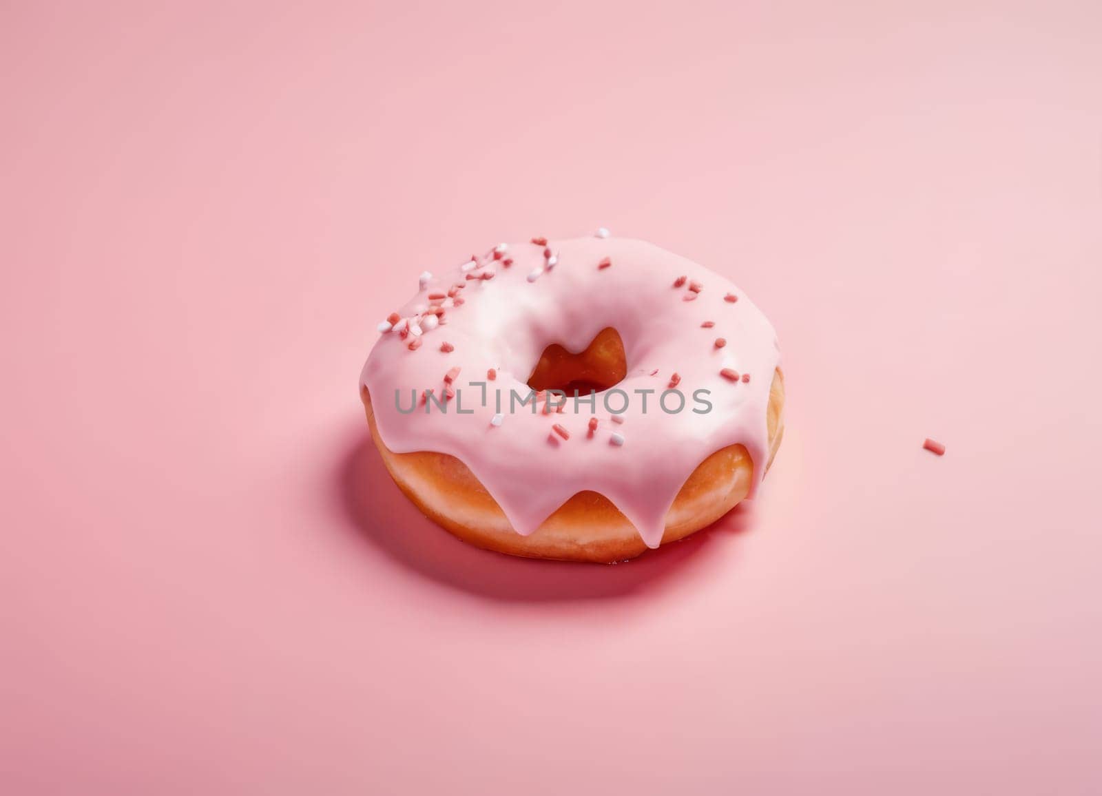 A simple and appetizing image of a donut with a glossy, smooth, pink icing and colorful candies on top, against a monochromatic pink background. The image showcases the texture and color of the donut, creating a sweet and delightful mood.