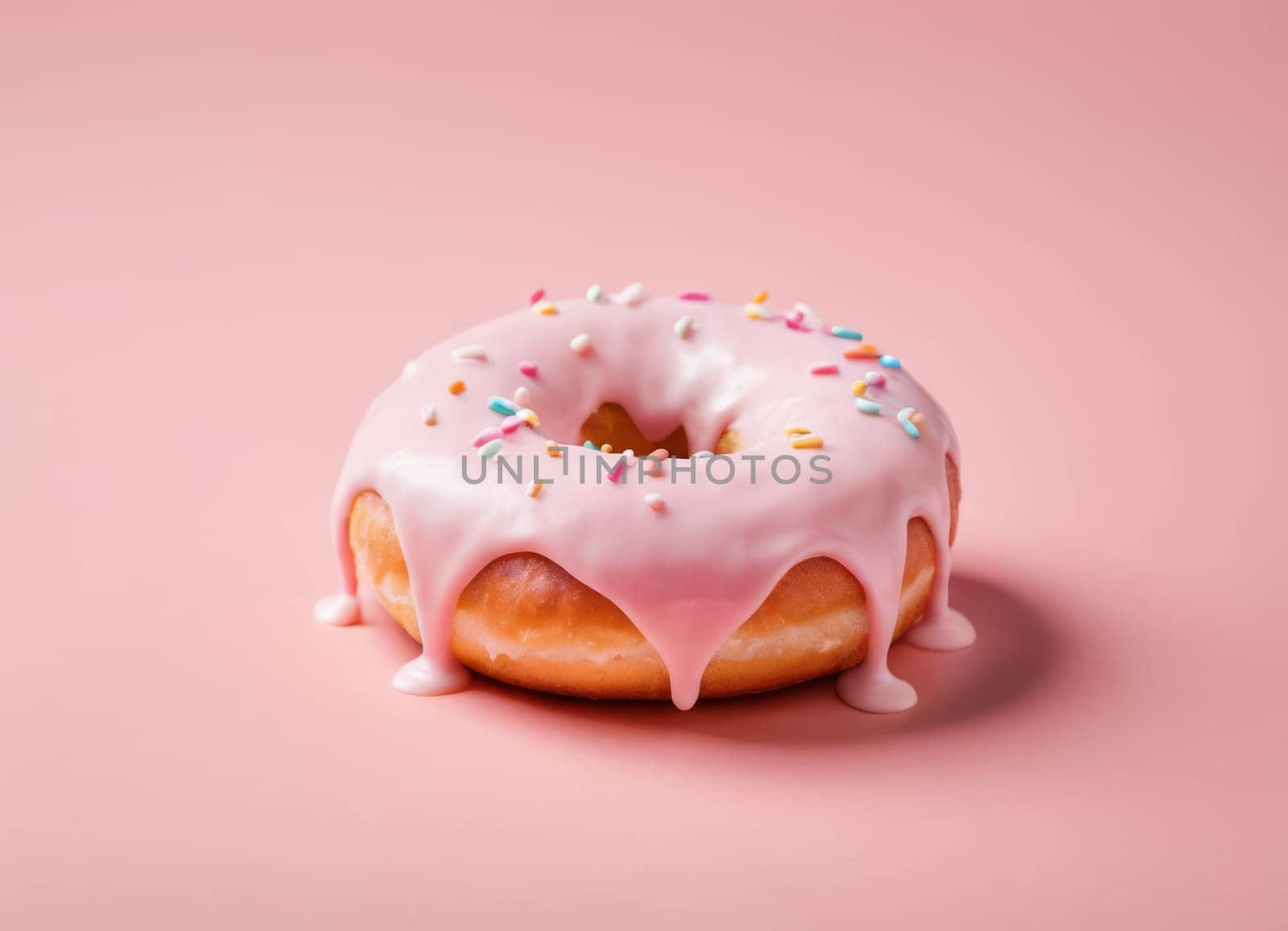 Donut with Pink Icing and Candies on Pink Background by Andre1ns