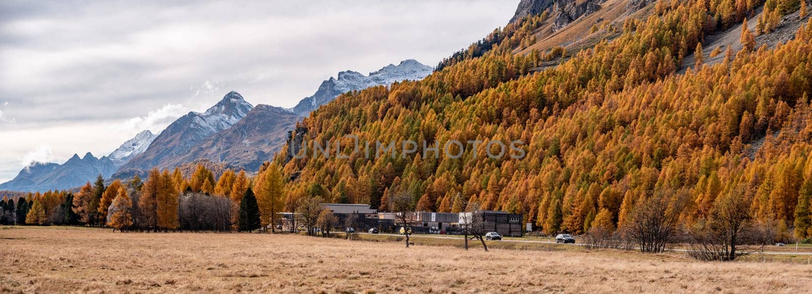 Scenic autumn landscape at lake Silvaplana near St. Moritz, Switzerland