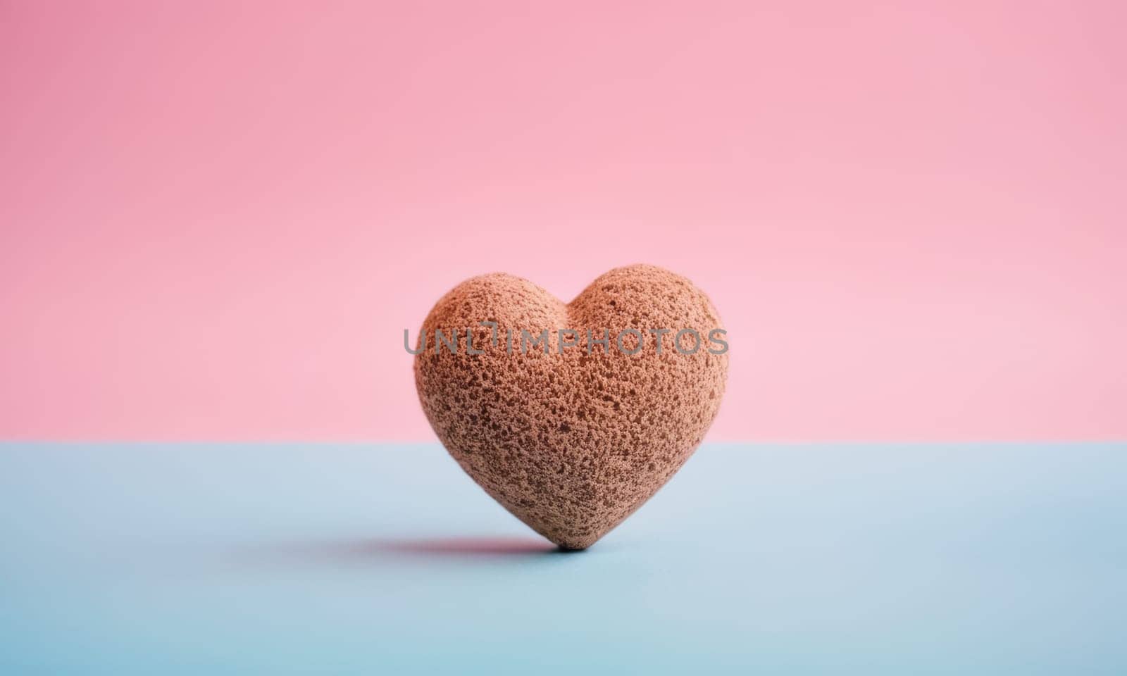 A textured heart shape stands prominently against a dual-tone background. The soft texture of the heart contrasts beautifully with the smooth blue and pink backdrop. Ideal for themes of love and romance.