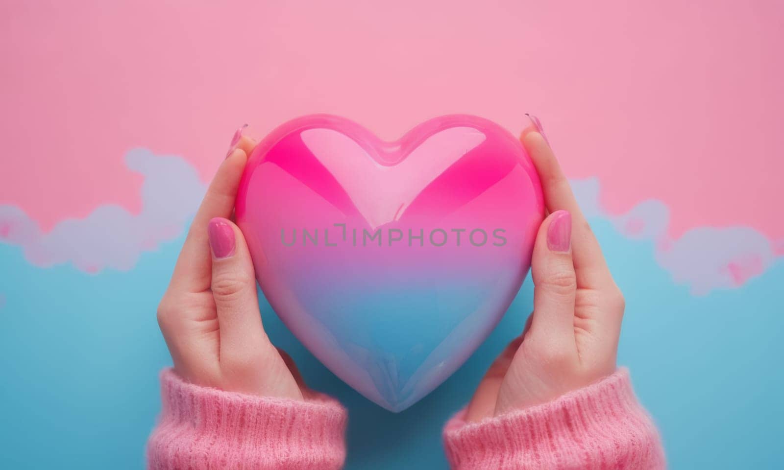 Hands delicately holding a pink heart-shaped gift box against a contrasting dual-tone background. The image evokes feelings of love and affection and is perfect for occasions like Valentine s Day or anniversaries.