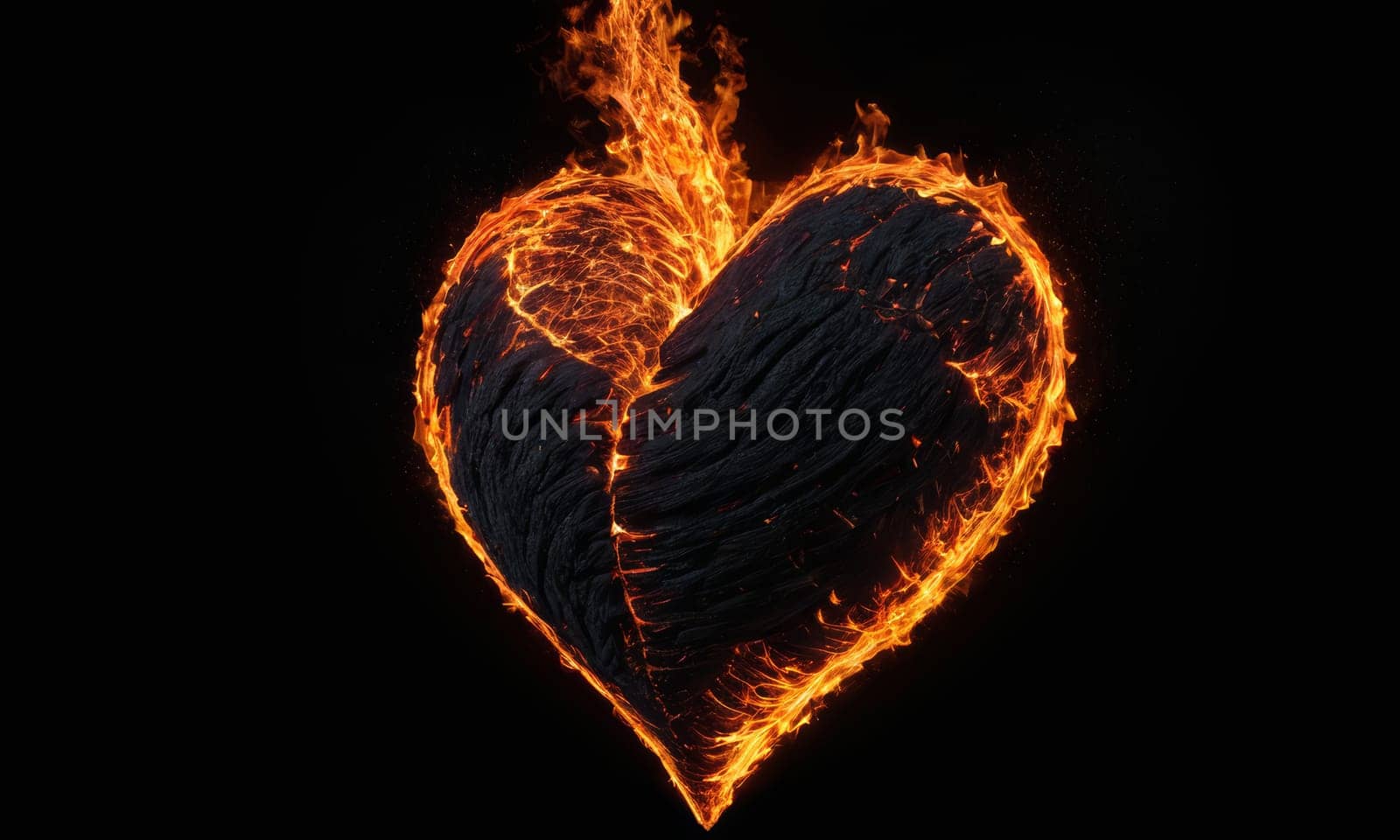 A heart ablaze with intense flames symbolizes passionate love. The dark backdrop accentuates the glowing embers and intricate details of the fiery heart. Ideal for expressing deep affection or romantic sentiments.
