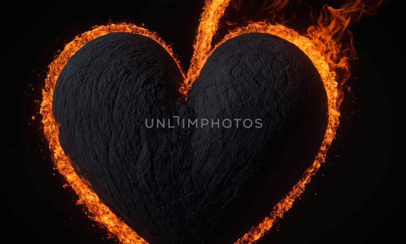 A heart ablaze with intense flames symbolizes passionate love. The dark backdrop accentuates the glowing embers and intricate details of the fiery heart. Ideal for expressing deep affection or romantic sentiments.