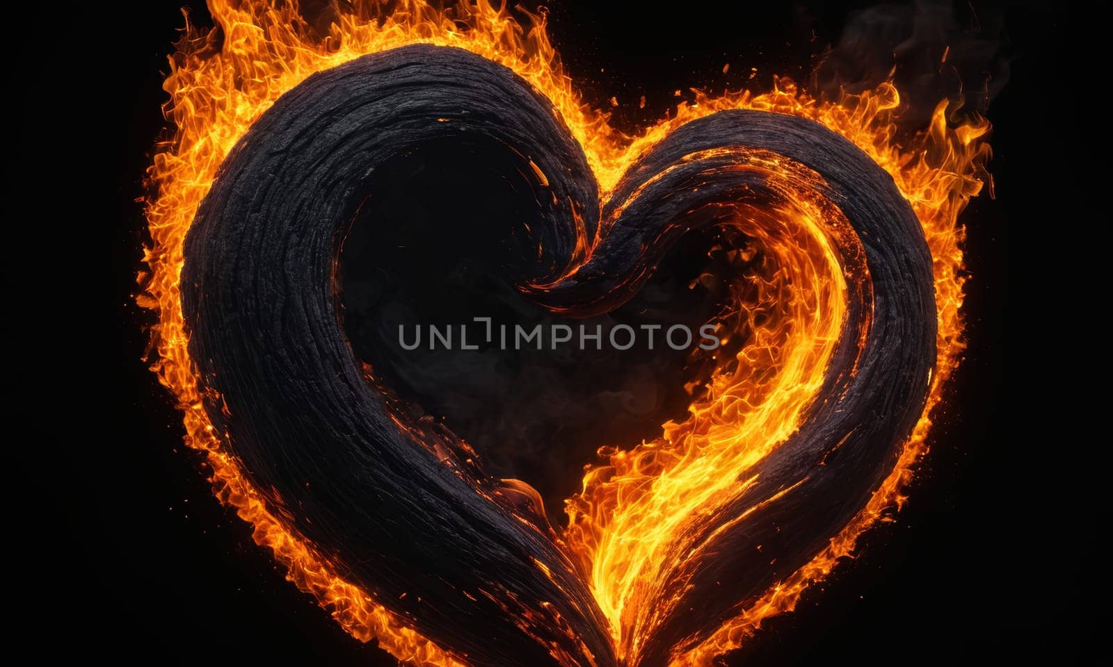 A heart ablaze with golden flames against a dark backdrop symbolizes intense love and passion. The fiery glow illuminates the intricate dance of flames that shape the heart. Ideal for expressing deep affection or romantic sentiments.