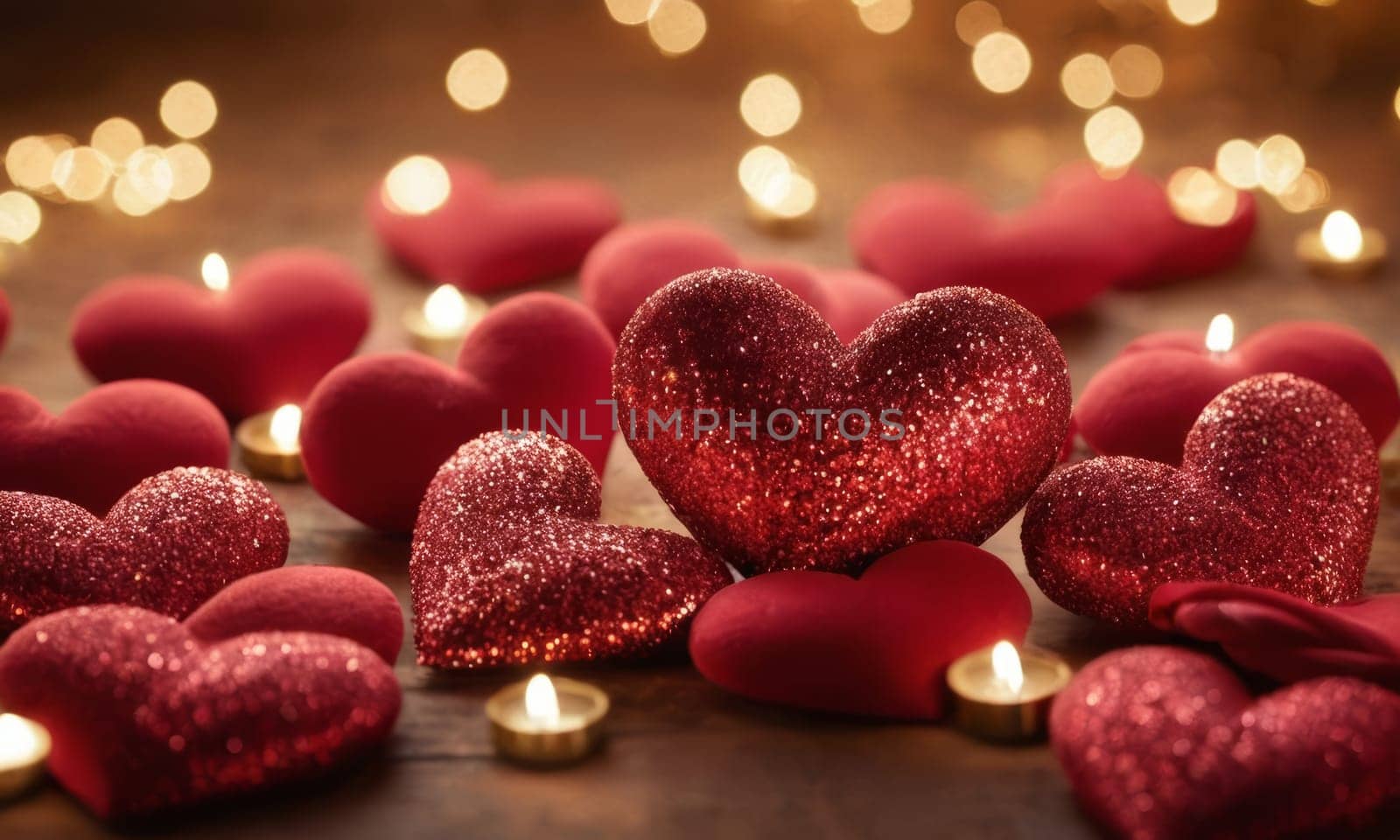 Sparkling hearts on a red background. heart shaped bokeh. Valentine's Day by Andre1ns