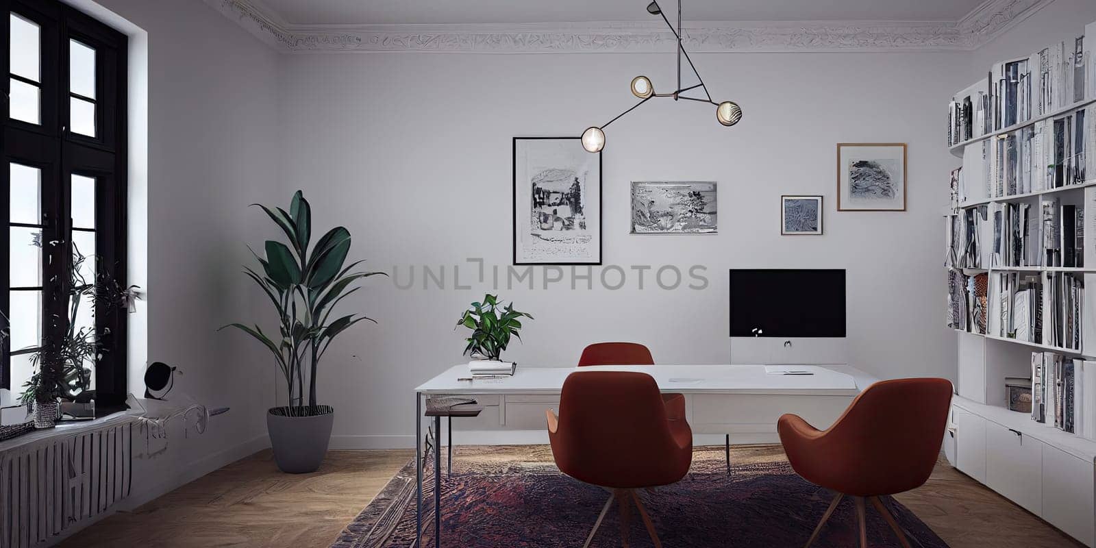 mock up poster frame in boho interior background, wooden living room design, Scandinavian style. Generative AI illustration.