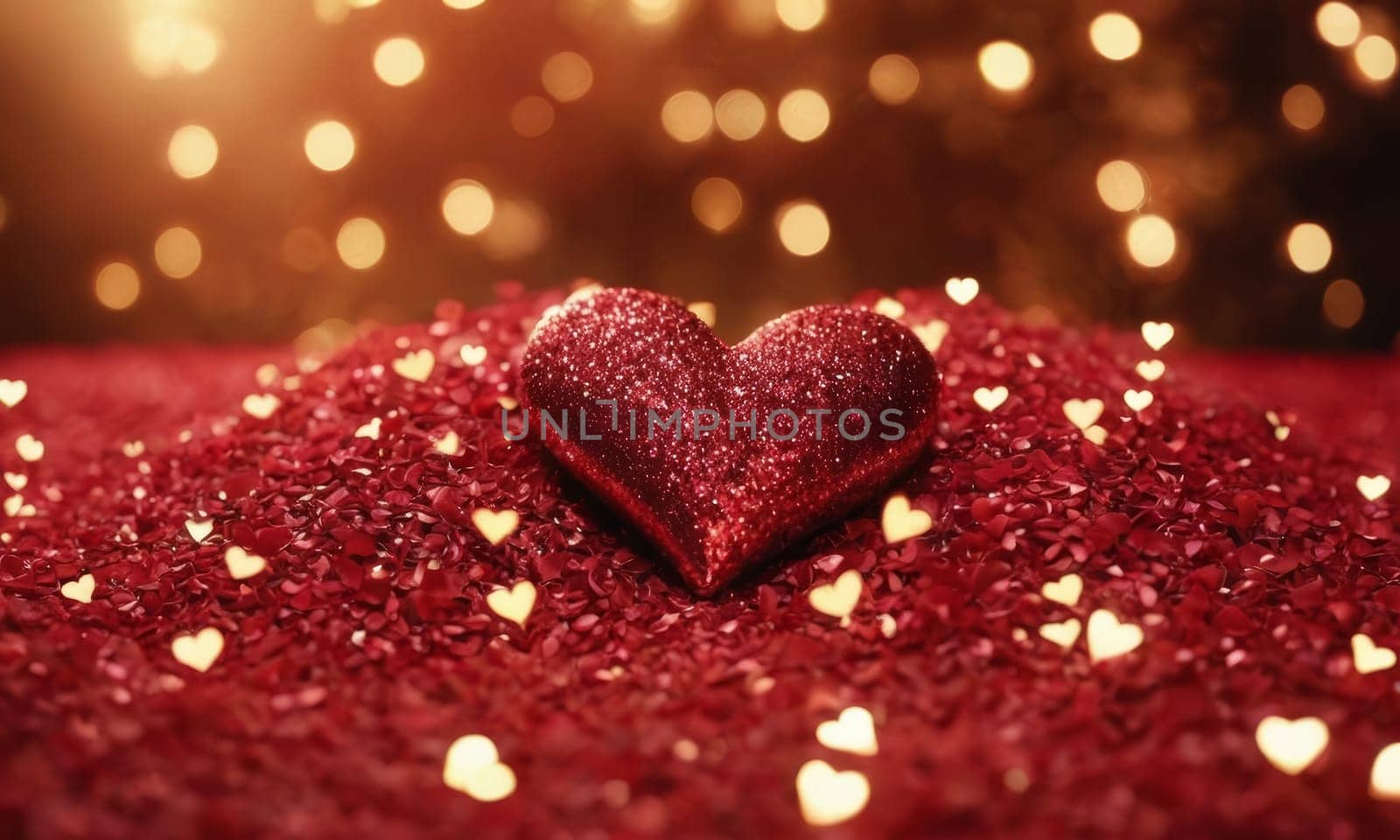 Glistening hearts rest amidst a shower of smaller heart shapes. The radiant glow and the deep red hue evoke a sense of warmth and affection. Ideal for expressing love and romance. Valentine's Day