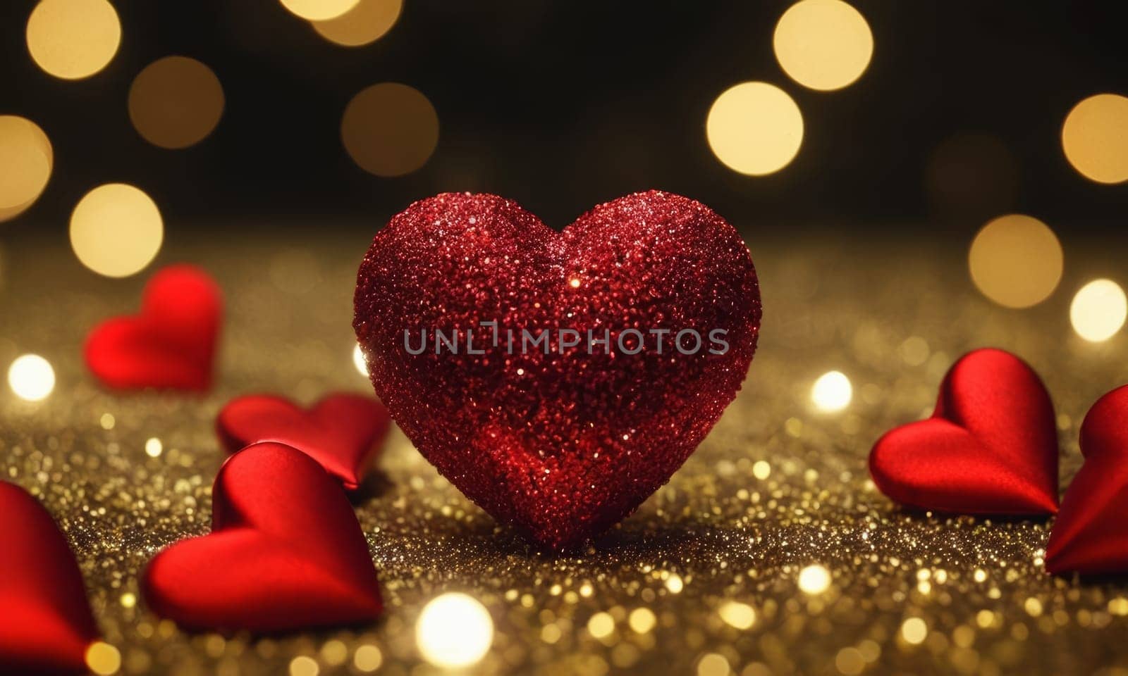 Glistening hearts rest amidst a shower of smaller heart shapes. The radiant glow and the deep red hue evoke a sense of warmth and affection. Ideal for expressing love and romance. Valentine's Day