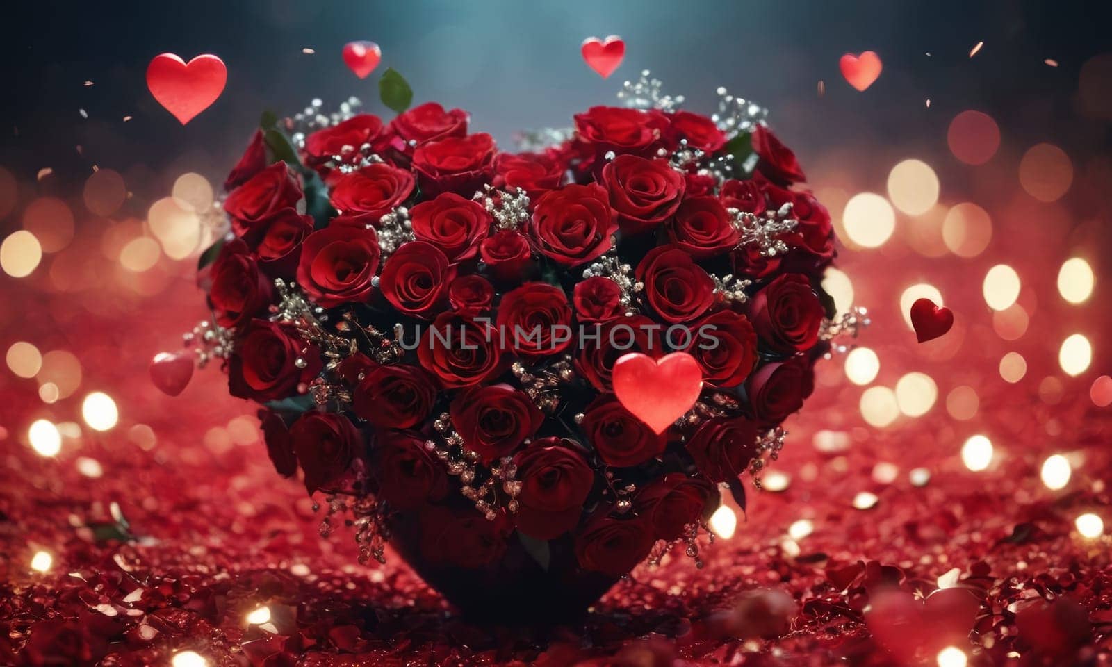 Glistening hearts rest amidst a shower of smaller heart shapes. The radiant glow and the deep red hue evoke a sense of warmth and affection. Ideal for expressing love and romance. Valentine's Day