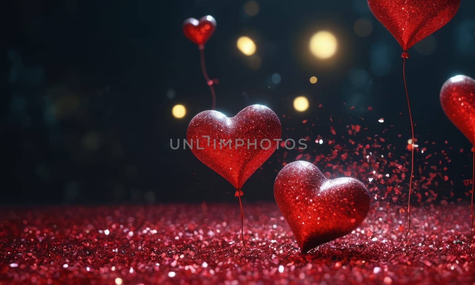 Glistening hearts rest amidst a shower of smaller heart shapes. The radiant glow and the deep red hue evoke a sense of warmth and affection. Ideal for expressing love and romance. Valentine's Day