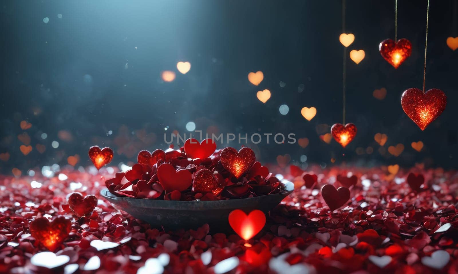 Glistening hearts rest amidst a shower of smaller heart shapes. The radiant glow and the deep red hue evoke a sense of warmth and affection. Ideal for expressing love and romance. Valentine,s Day