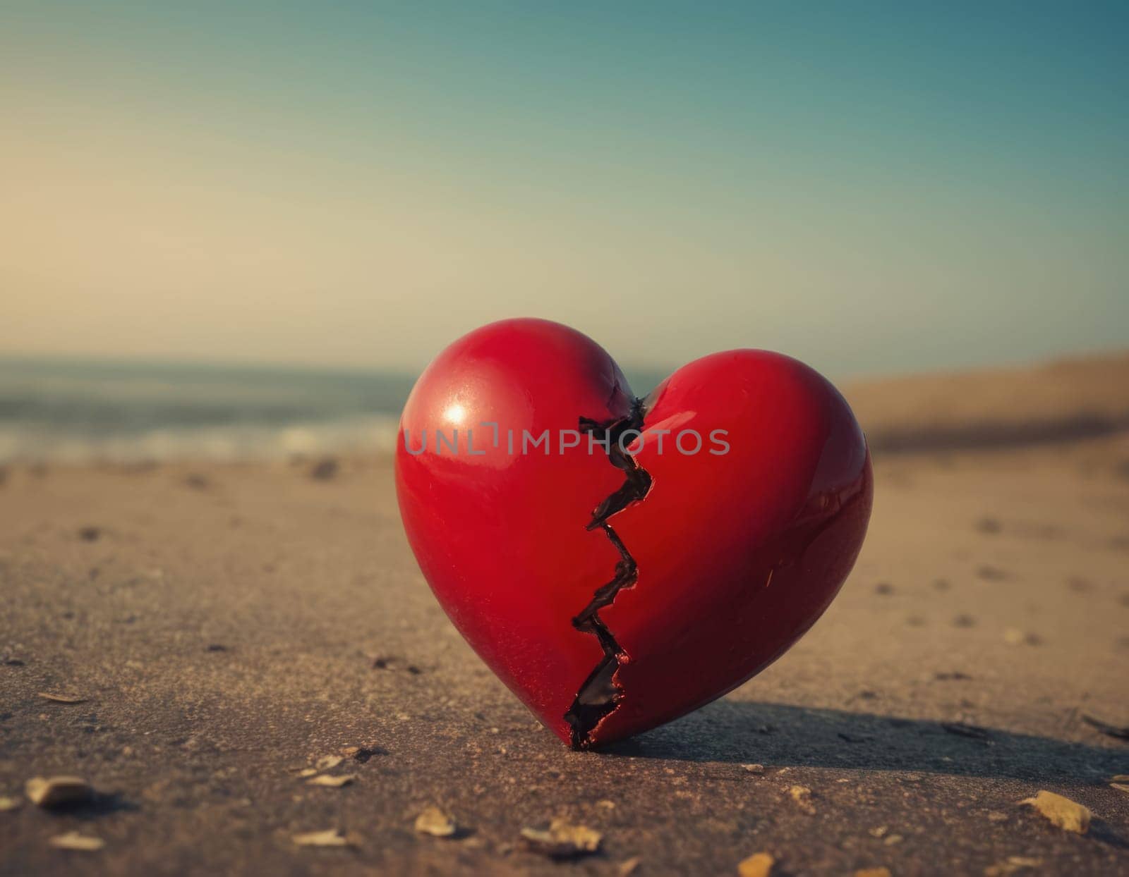 A vivid red heart split in two lies on a sandy beach with the calm sea in the background. The image captures the poignant moment of love lost and the inevitable journey to healing amidst nature s serene beauty