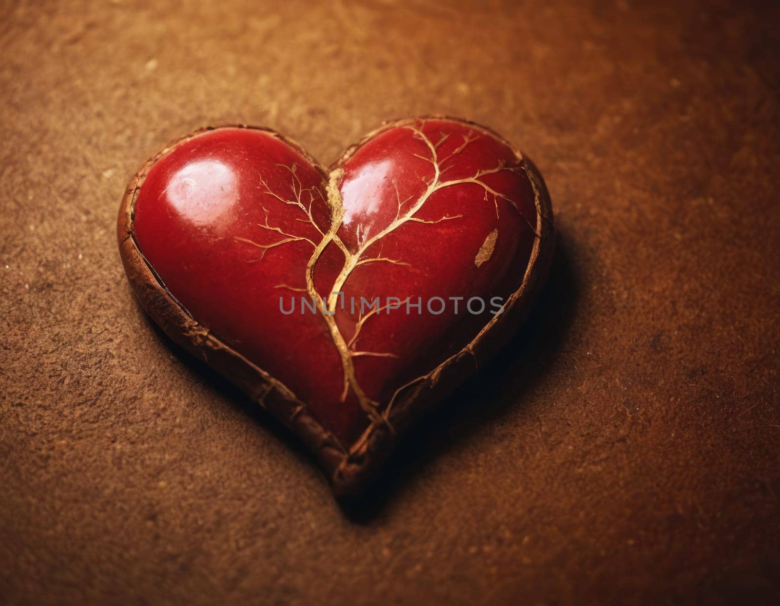 A vivid red heart split in two lies on a sandy beach with the calm sea in the background. The image captures the poignant moment of love lost and the inevitable journey to healing amidst nature s serene beauty