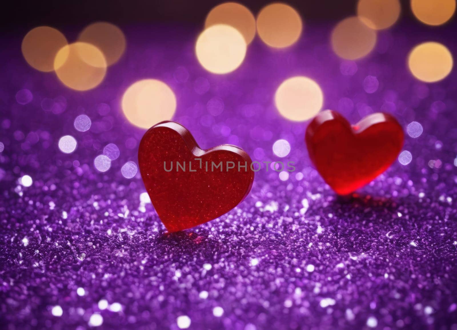 Two radiant red hearts rest on a dazzling purple surface illuminated by soft bokeh lights. A scene capturing the essence of love and romance. Ideal for Valentine s Day or expressing affection