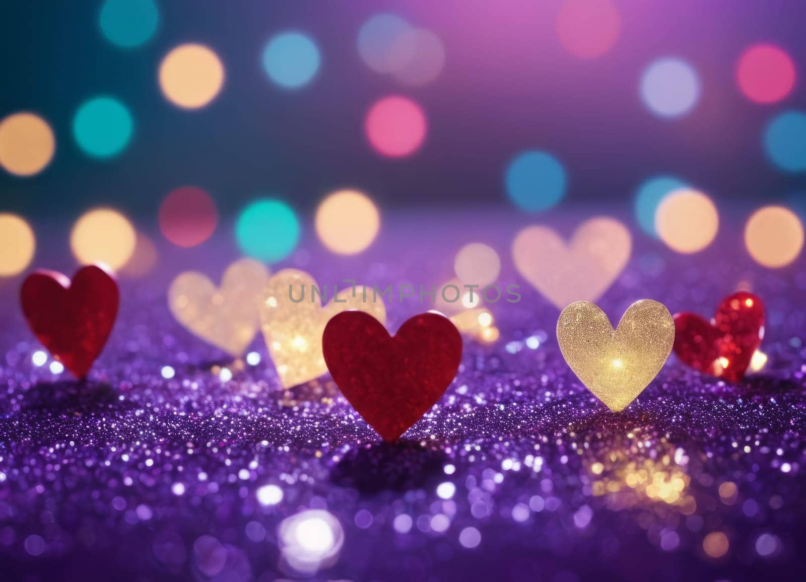 Two radiant red hearts rest on a dazzling purple surface illuminated by soft bokeh lights. A scene capturing the essence of love and romance. Ideal for Valentine s Day or expressing affection