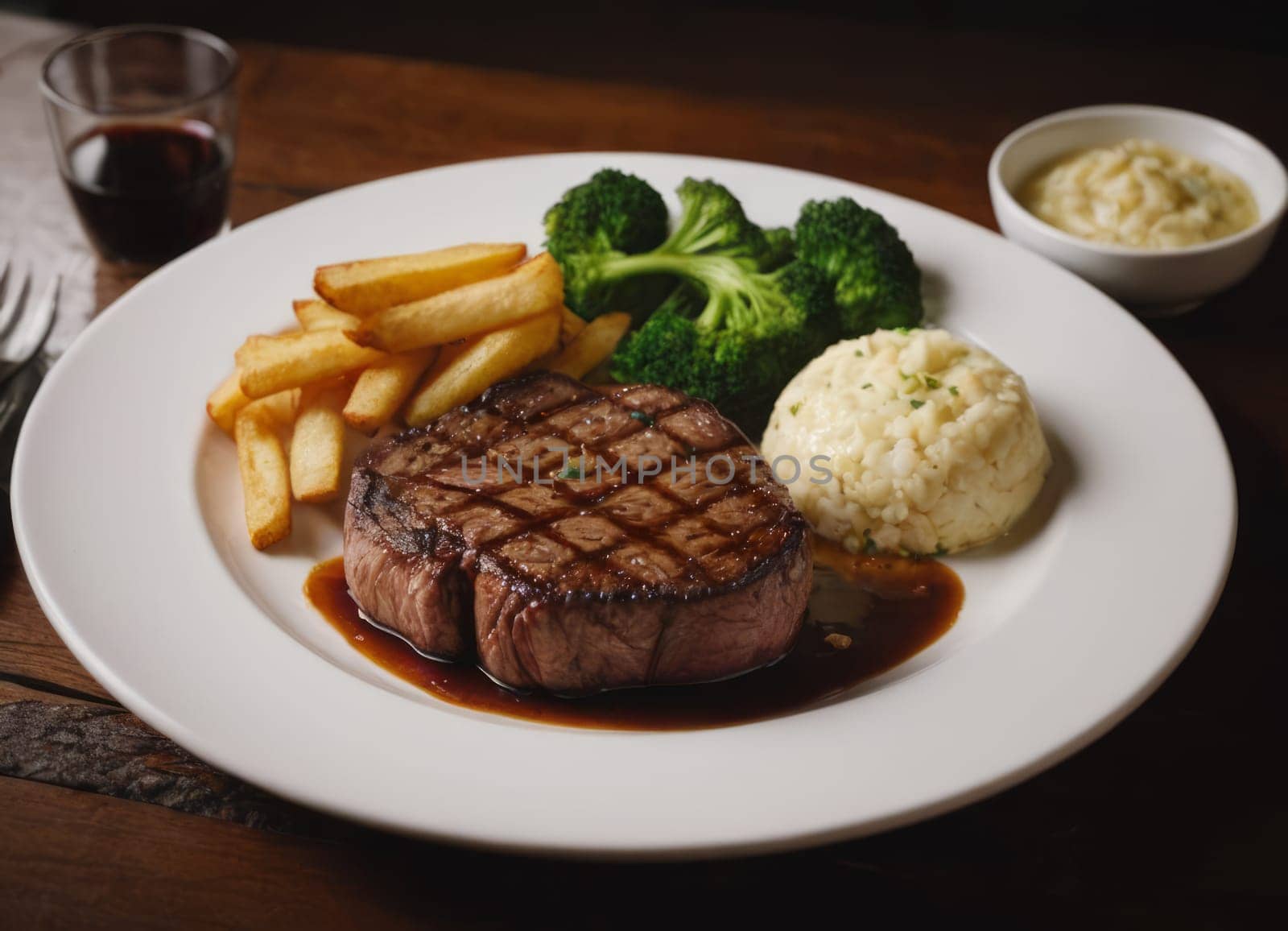 A cozy and delicious meal, featuring a grilled steak with a savory sauce, golden-brown fries, fresh tomatoes, creamy mashed potatoes, and a bowl of extra sauce. The meal is set on a dark wooden table, creating a warm and inviting ambiance. A glass of red wine complements the dish.