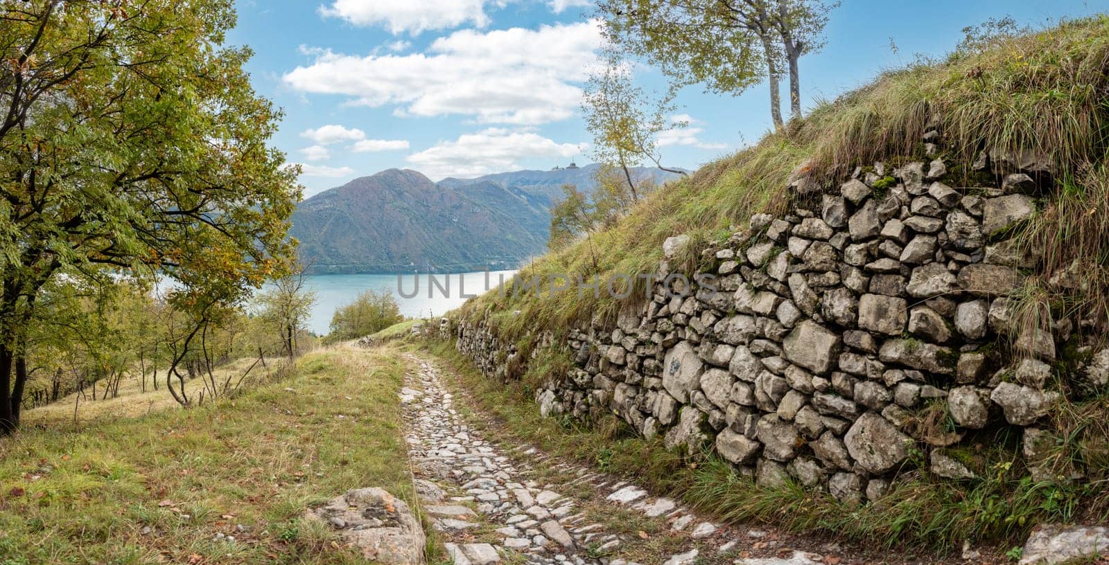 Hiking up a mountain at lake Como near Tremezzo, Italy