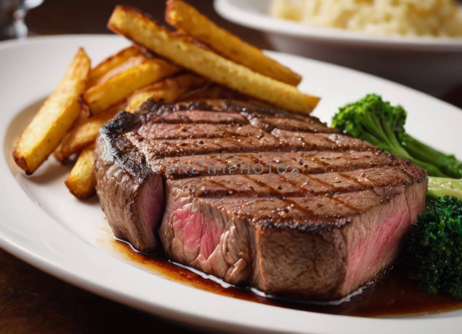 A cozy and delicious meal, featuring a grilled steak with a savory sauce, golden-brown fries, fresh tomatoes, creamy mashed potatoes, and a bowl of extra sauce. The meal is set on a dark wooden table, creating a warm and inviting ambiance. A glass of red wine complements the dish.